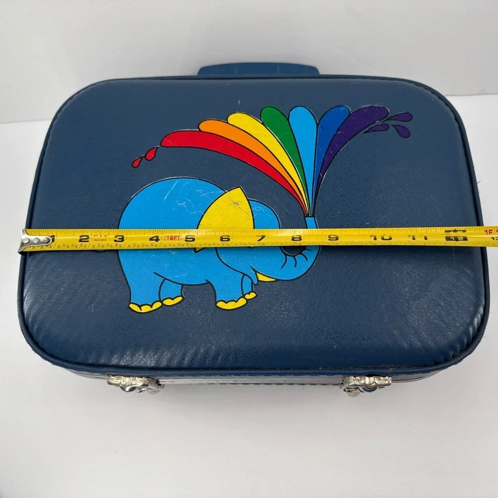 VTG 60s 70s Blue Elephant Rainbow Vinyl Kid's Hard Case Whimsical Suitcase